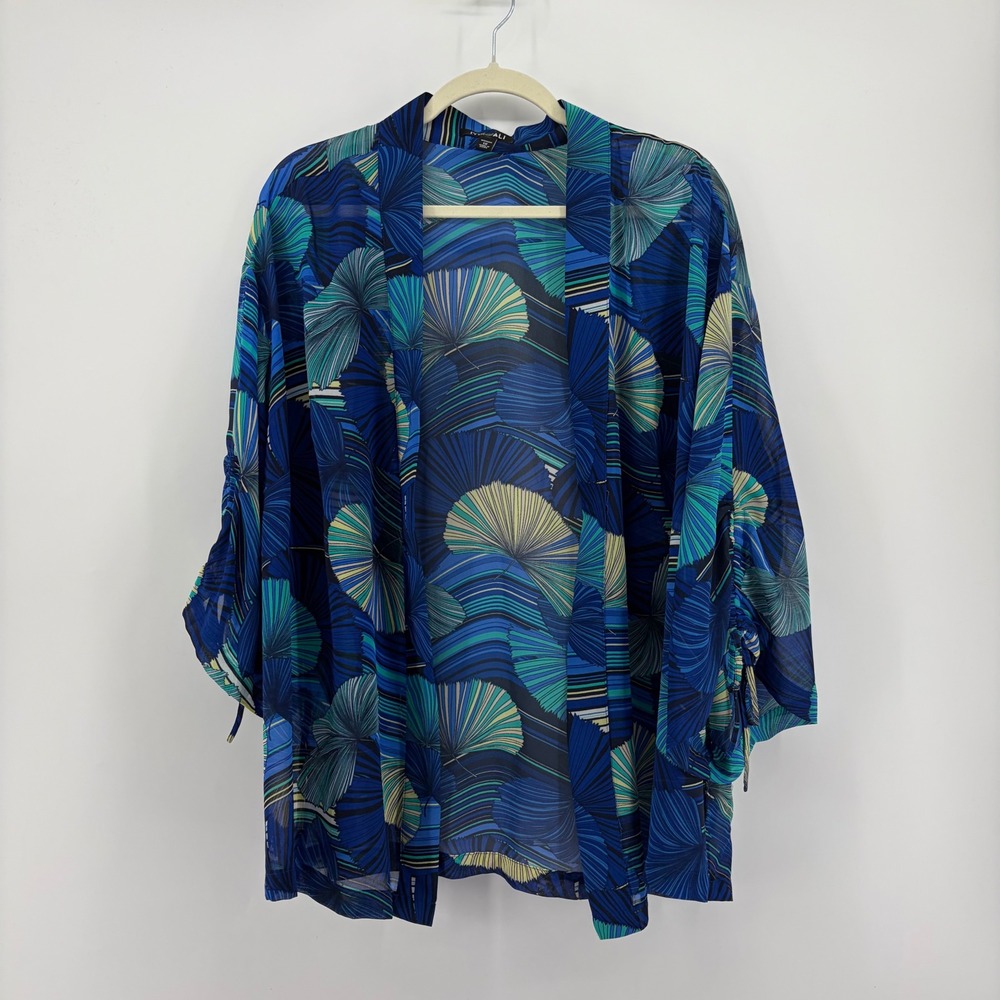 Roz & Ali Womens 1X Blue Tropical Palm Kimono Cardigan Cinched 3/4 Sleeve